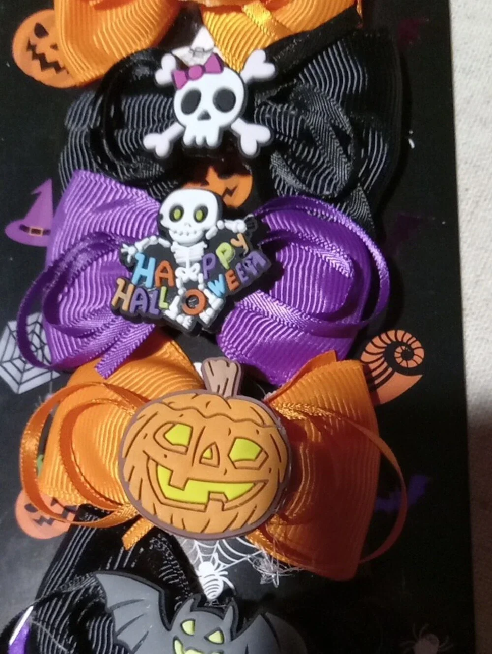 Halloween Bow Hair Clips with Pumpkin, Bats, Witch Hat & Skull Accents